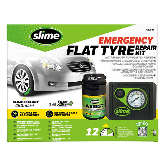 Slime Smart Repair Plus noodset met 450 ml Slime Assist sealant en compressor