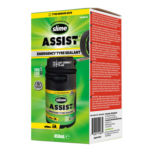 Verpakking van Slime Assist 450 ml noodafdichtmiddel voor tubeless banden