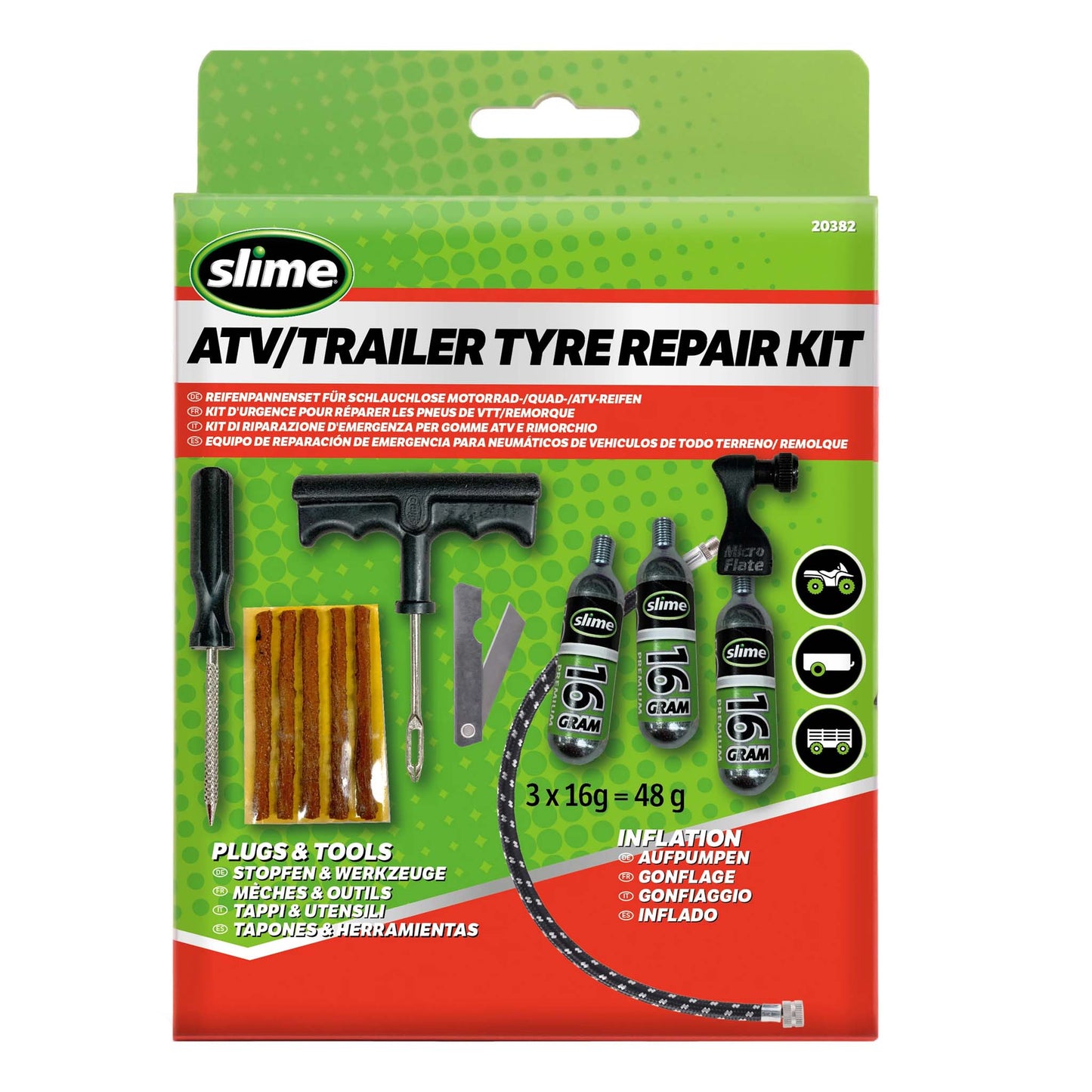 Slime ATV Trailer bandenreparatieset met CO₂-patronen en gereedschap