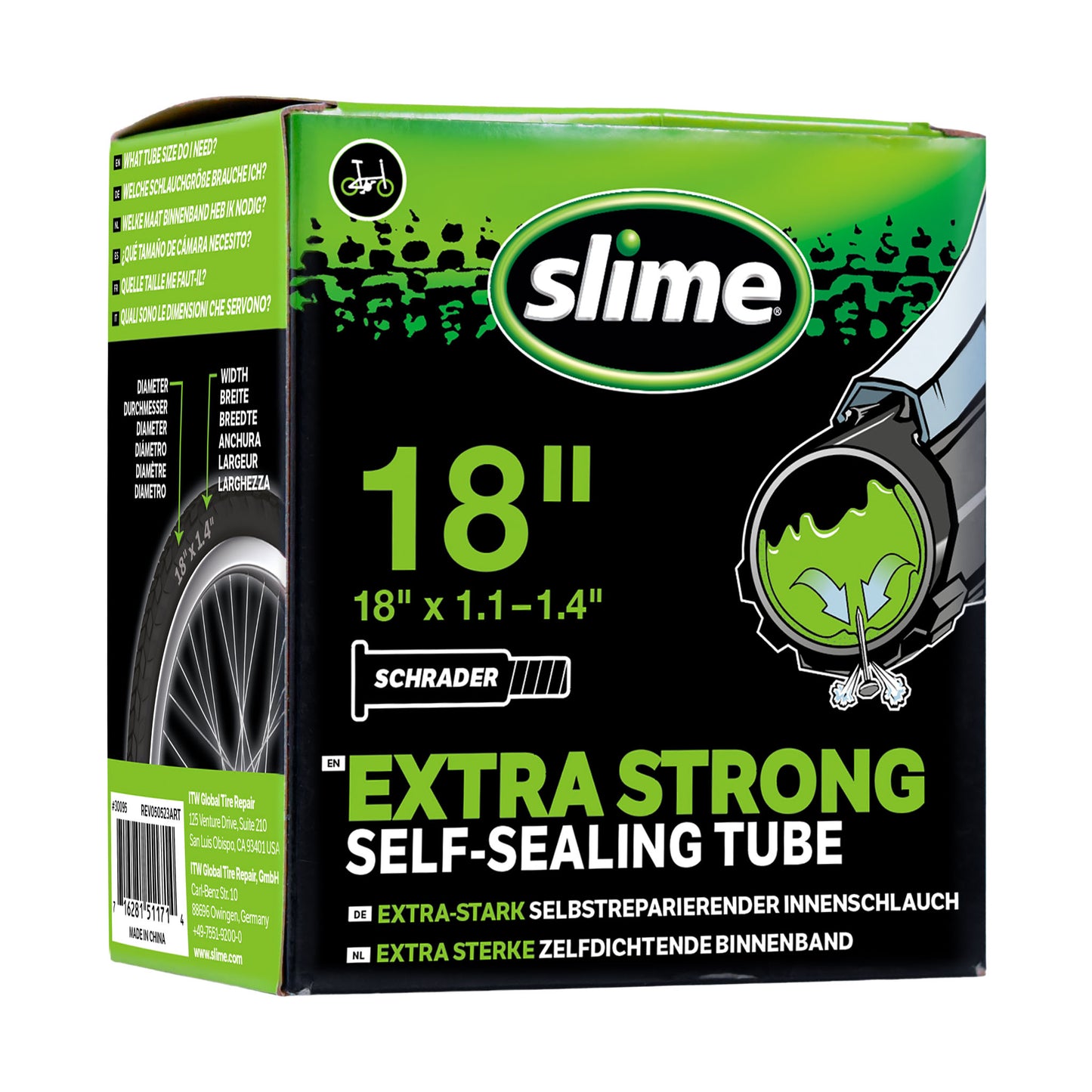 Slime binnenband 18 inch met Schrader ventiel gevuld met anti-lek vloeistof
