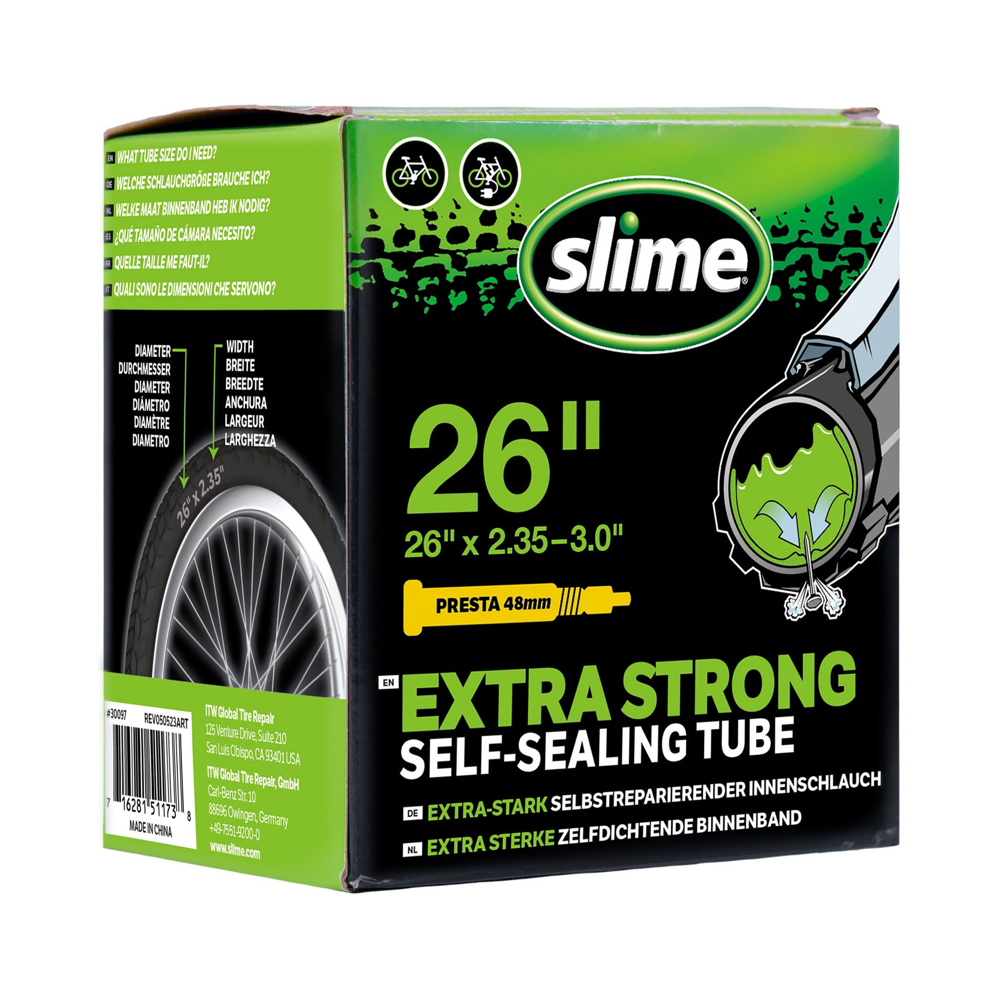 Slime binnenband 26 inch voor brede banden met Presta ventiel gevuld met anti-lek vloeistof