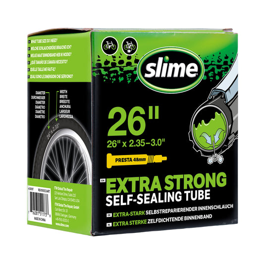 Slime binnenband 26 inch voor brede banden met Presta ventiel gevuld met anti-lek vloeistof