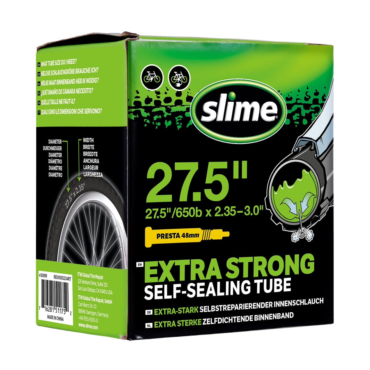 Slime binnenband 27.5 inch voor brede banden met Presta ventiel gevuld met anti-lek vloeistof